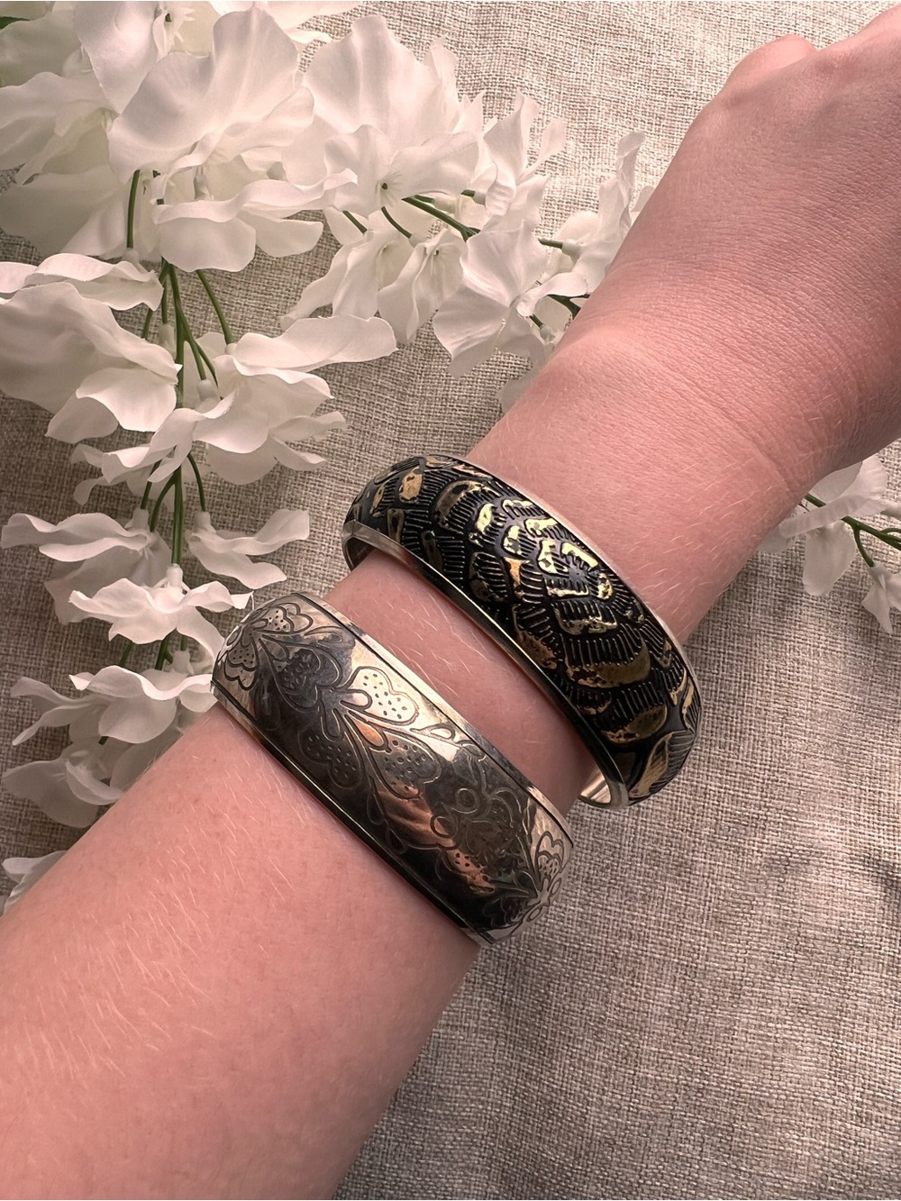 Black and Silver Boho Metallic Inlay Chunky Bangle Cuff Bracelet Set